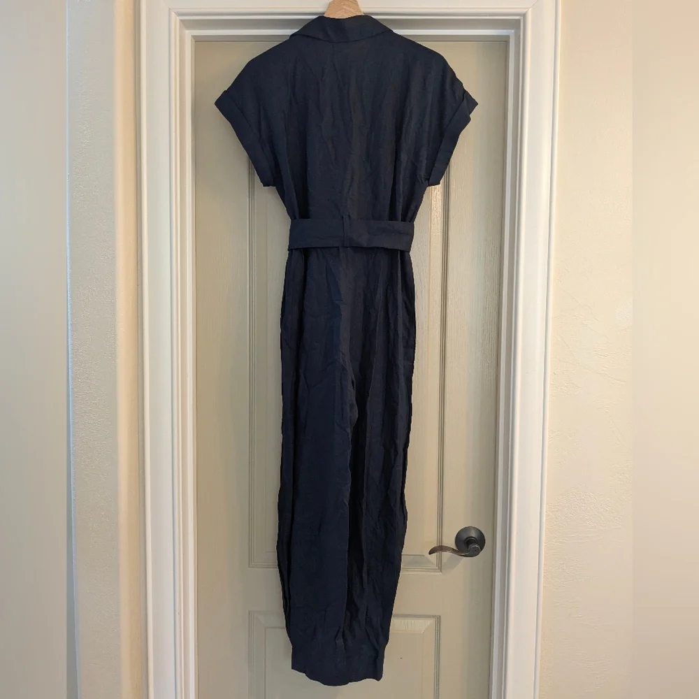 NWT Zara Dark Navy Belted Linen Blend Jumpsuit - Size XS